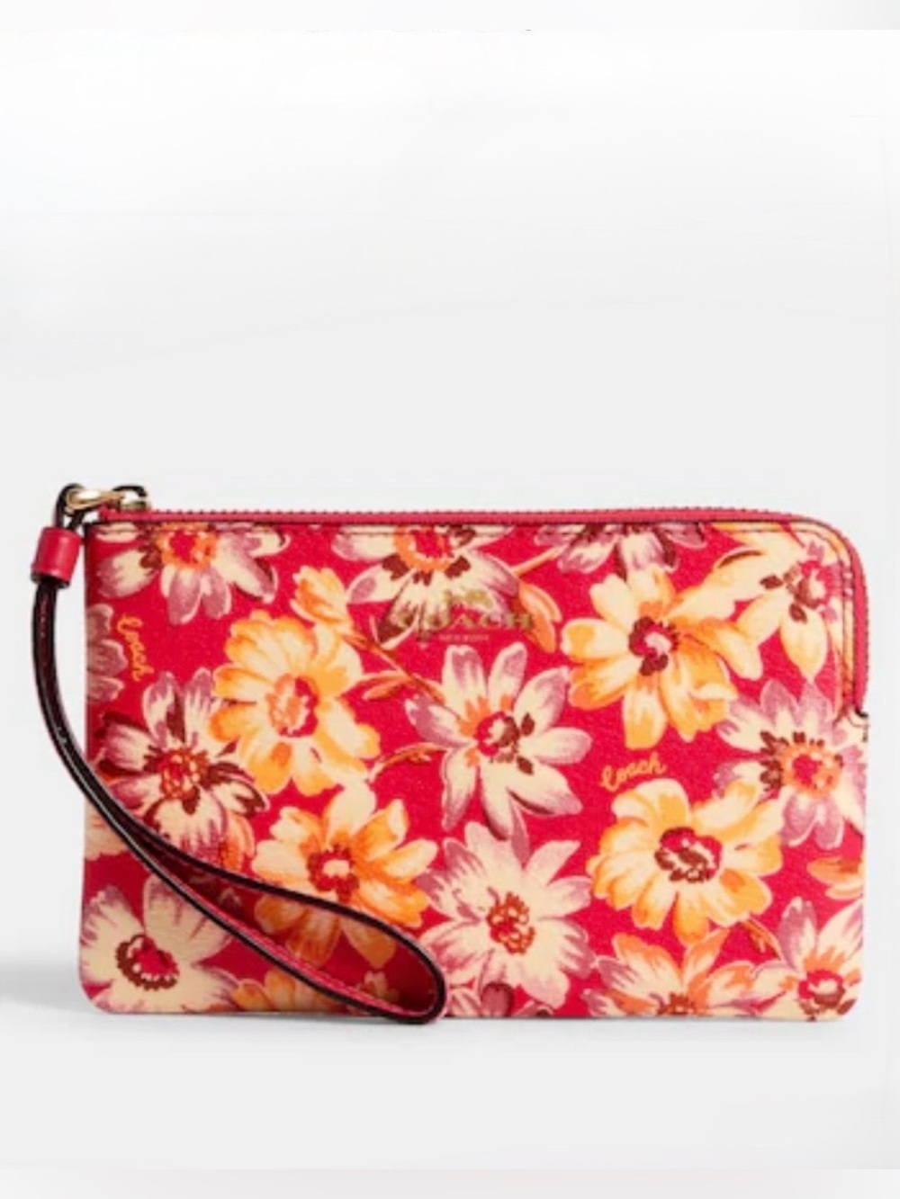 COACH, Vintage Daisy Script Print, Corner Zip Mini Wristlet/Clutch, Like New